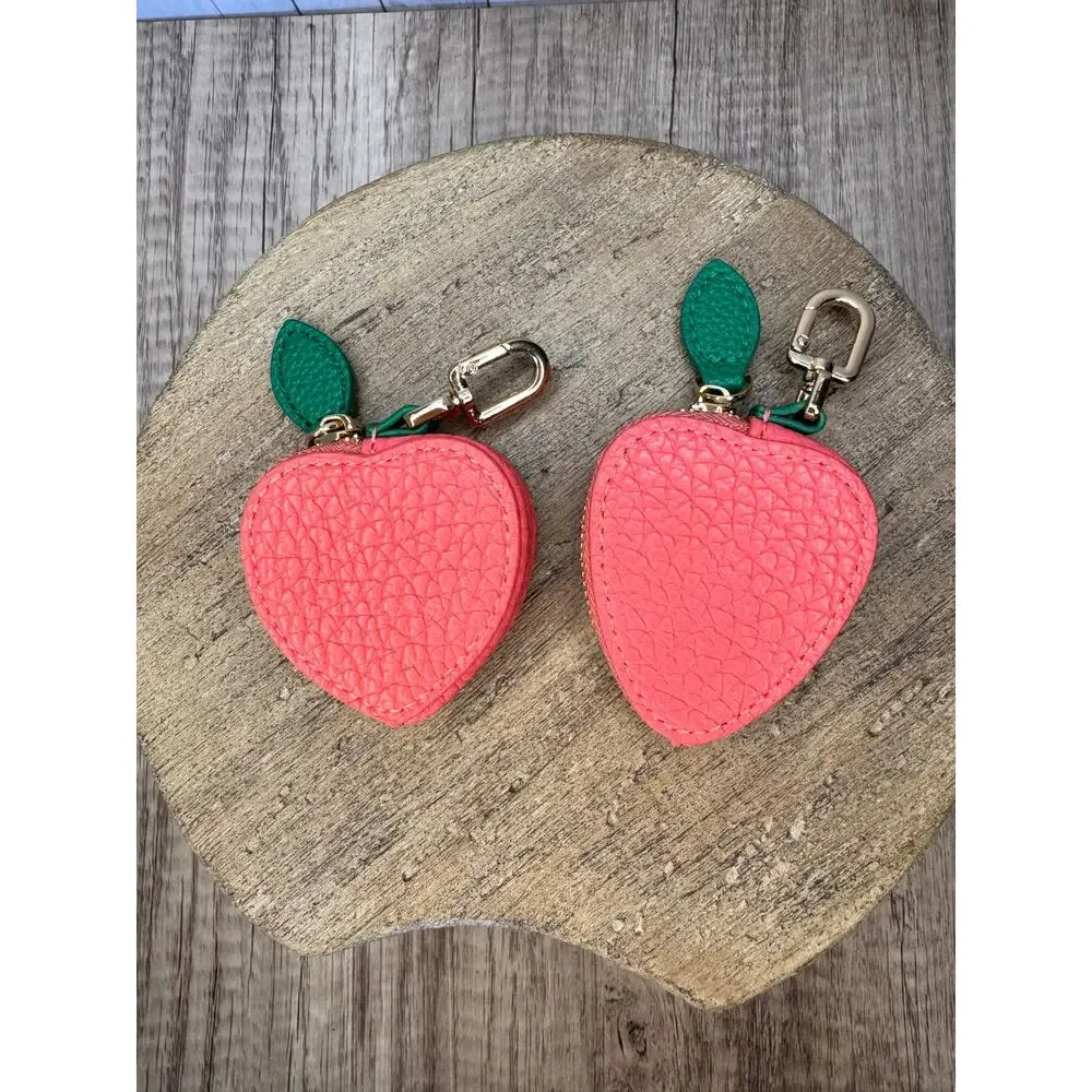 Set of 2 Strawberry Peach Pouch Purse Charms Fruit Keychains NeW FAST SHIP